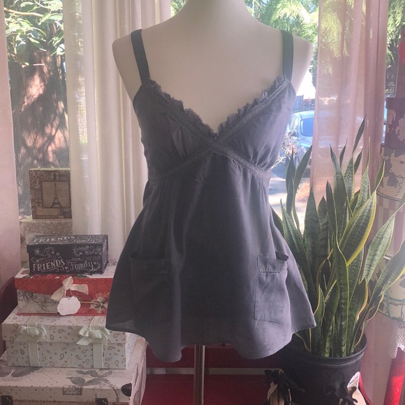 Dkny Tops - DKNY grey cotton babydoll tank with pockets & lace